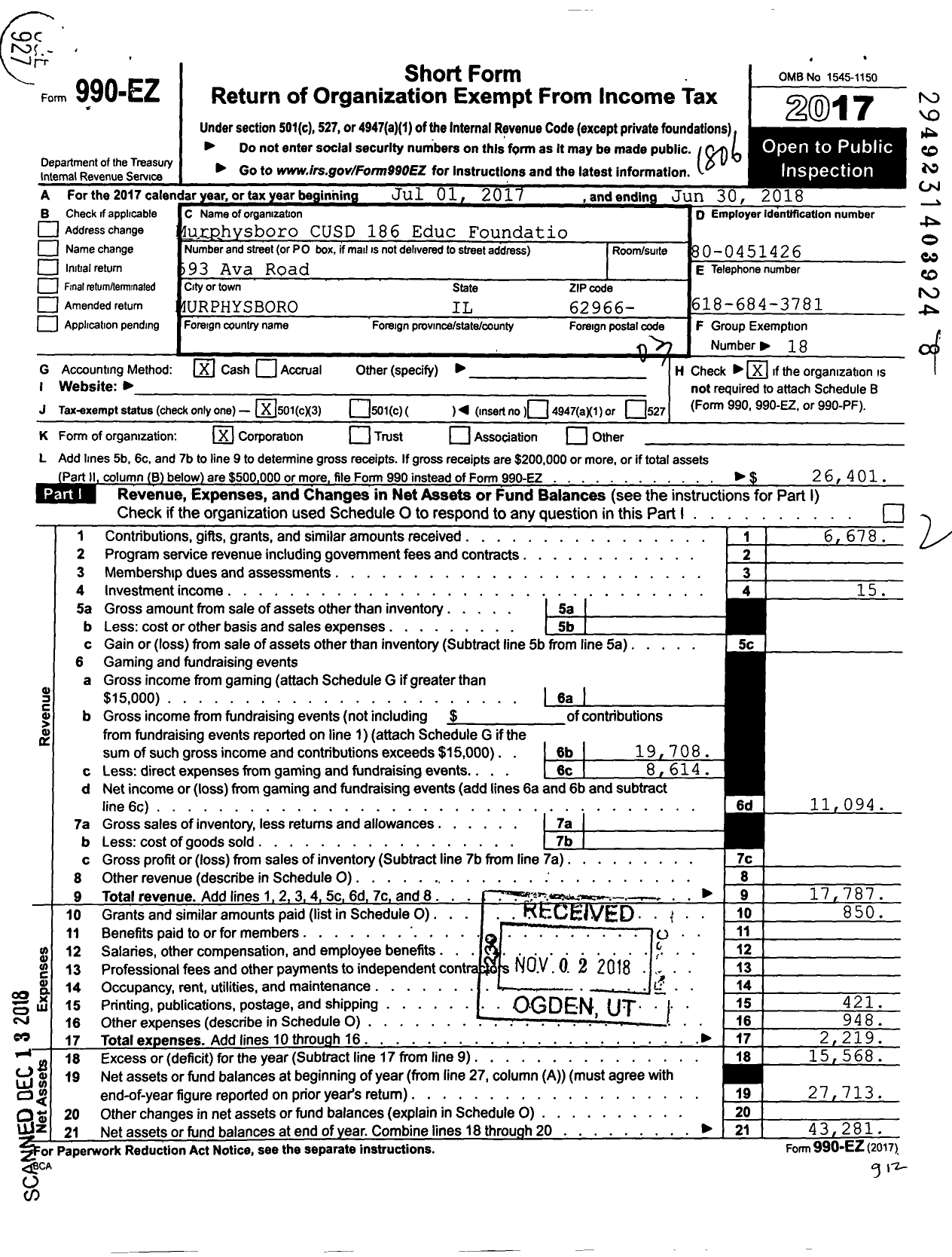 Image of first page of 2017 Form 990EZ for Murphysboro Community School District 186 Educational Foundation