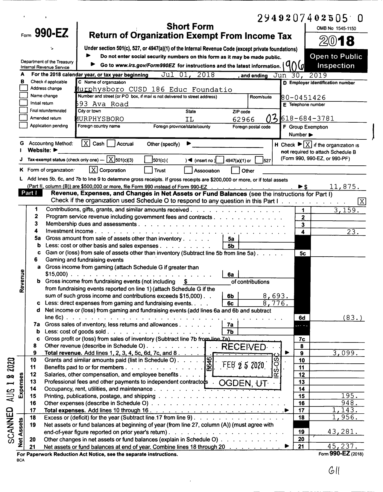 Image of first page of 2018 Form 990EZ for Murphysboro Community School District 186 Educational Foundation