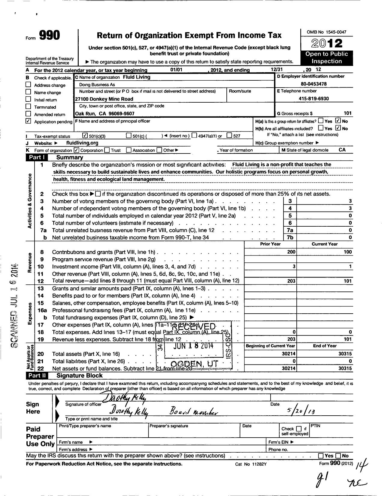 Image of first page of 2012 Form 990 for Fluid Living