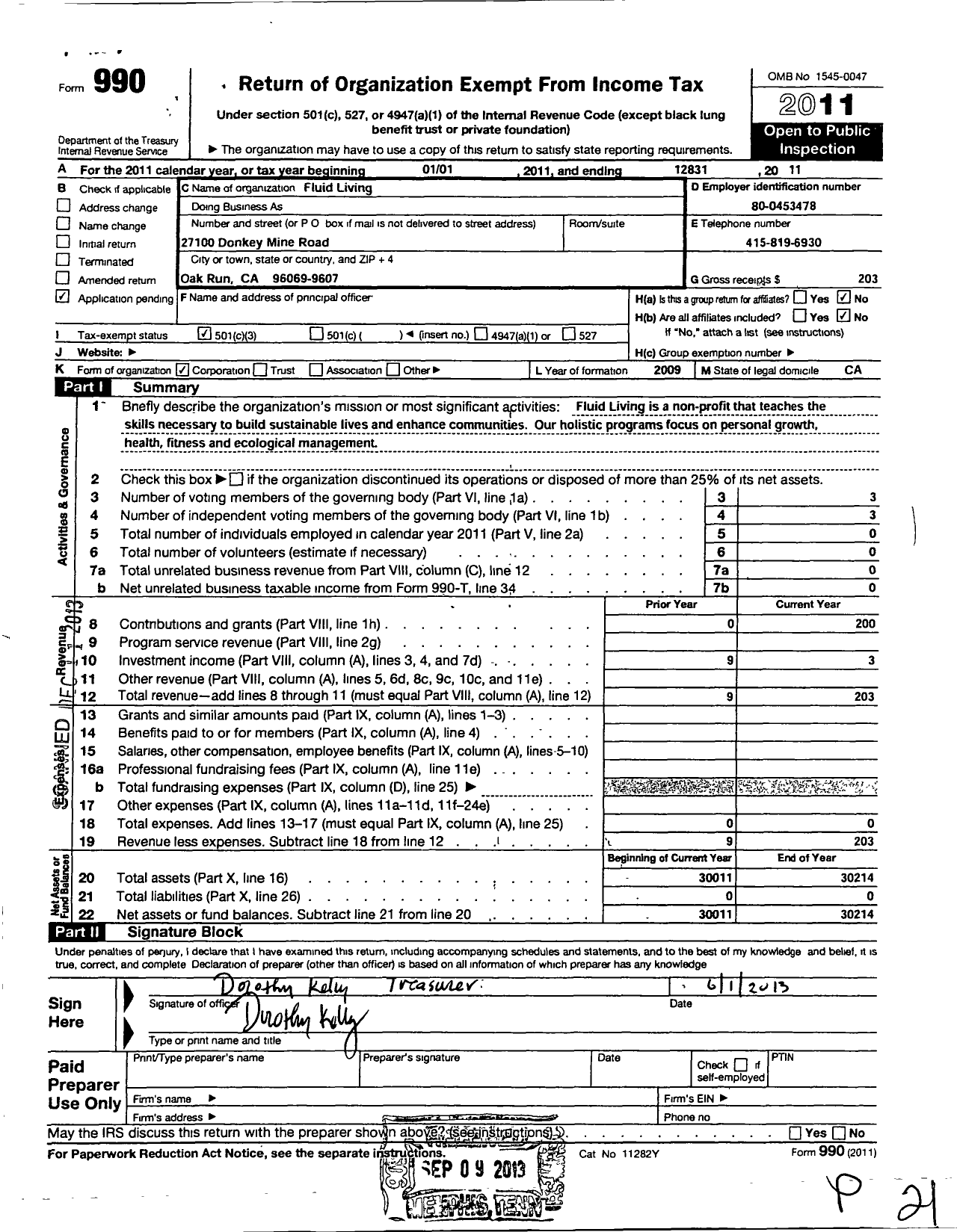 Image of first page of 2011 Form 990 for Fluid Living