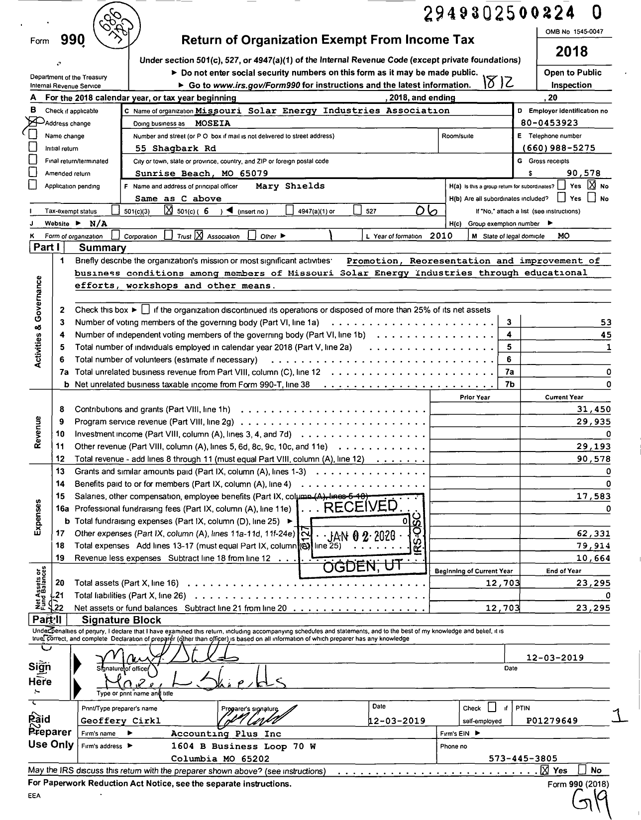 Image of first page of 2018 Form 990O for Missouri Solar Energy Industries Association