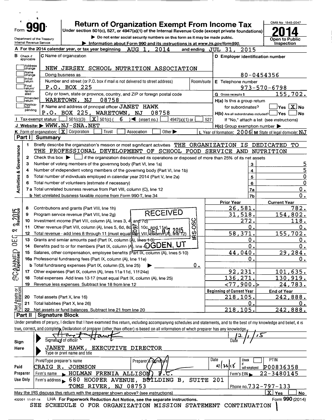 Image of first page of 2014 Form 990O for New Jersey School Nutrition Association