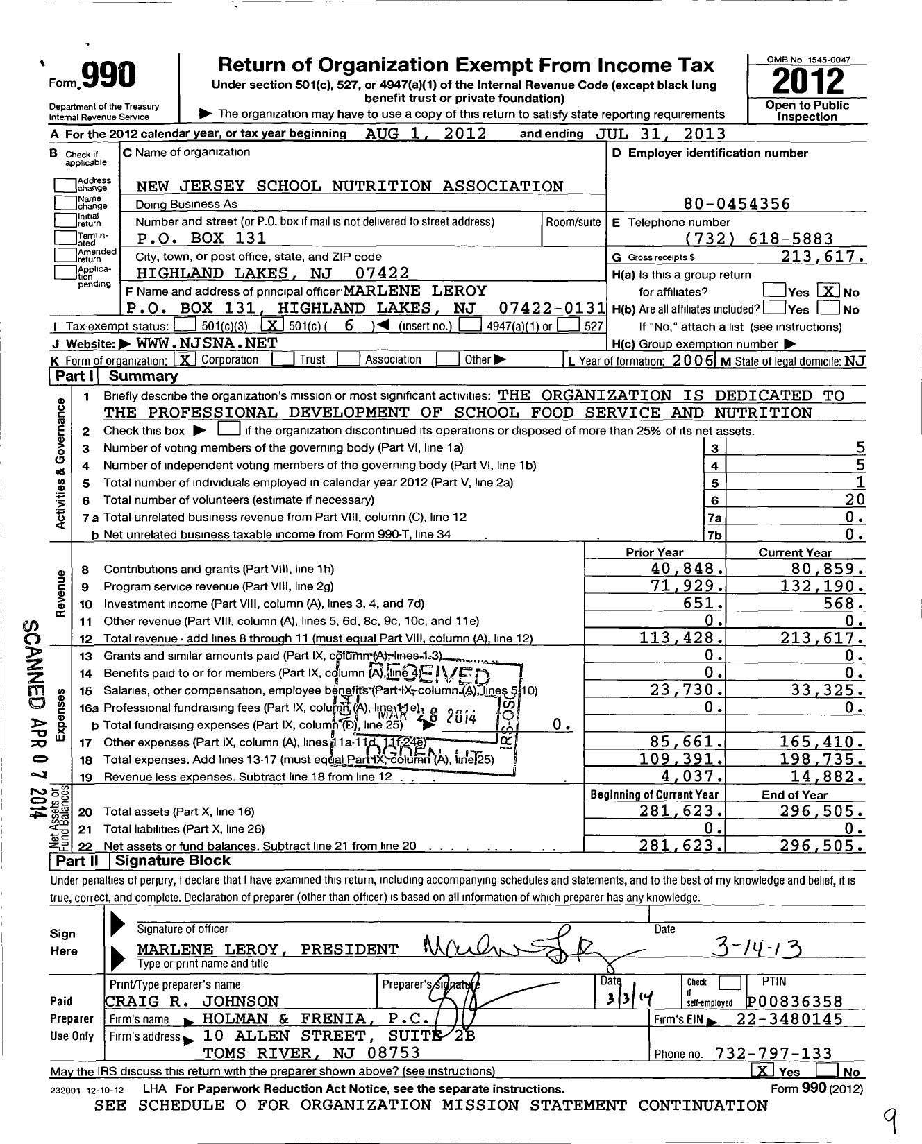 Image of first page of 2012 Form 990O for New Jersey School Nutrition Association