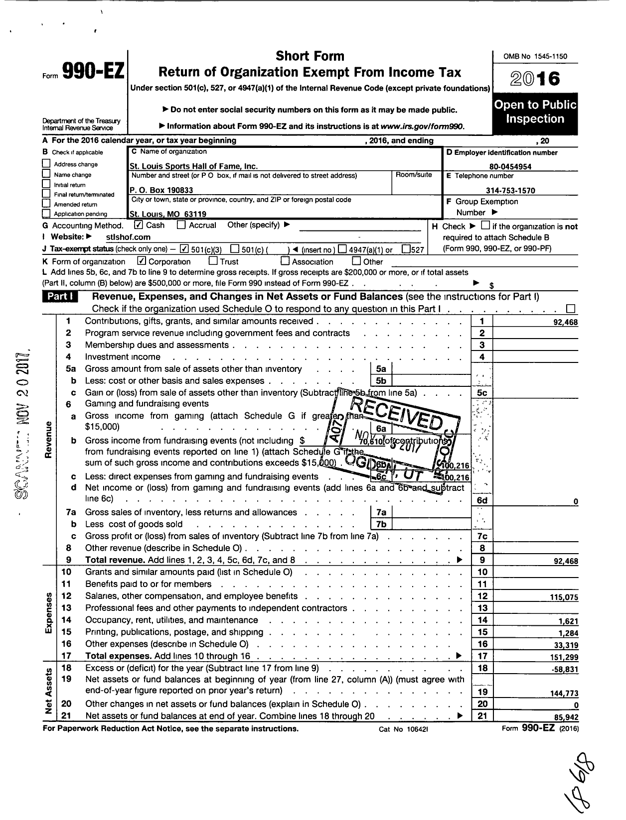 Image of first page of 2016 Form 990EZ for St Louis Sports Hall of Fame