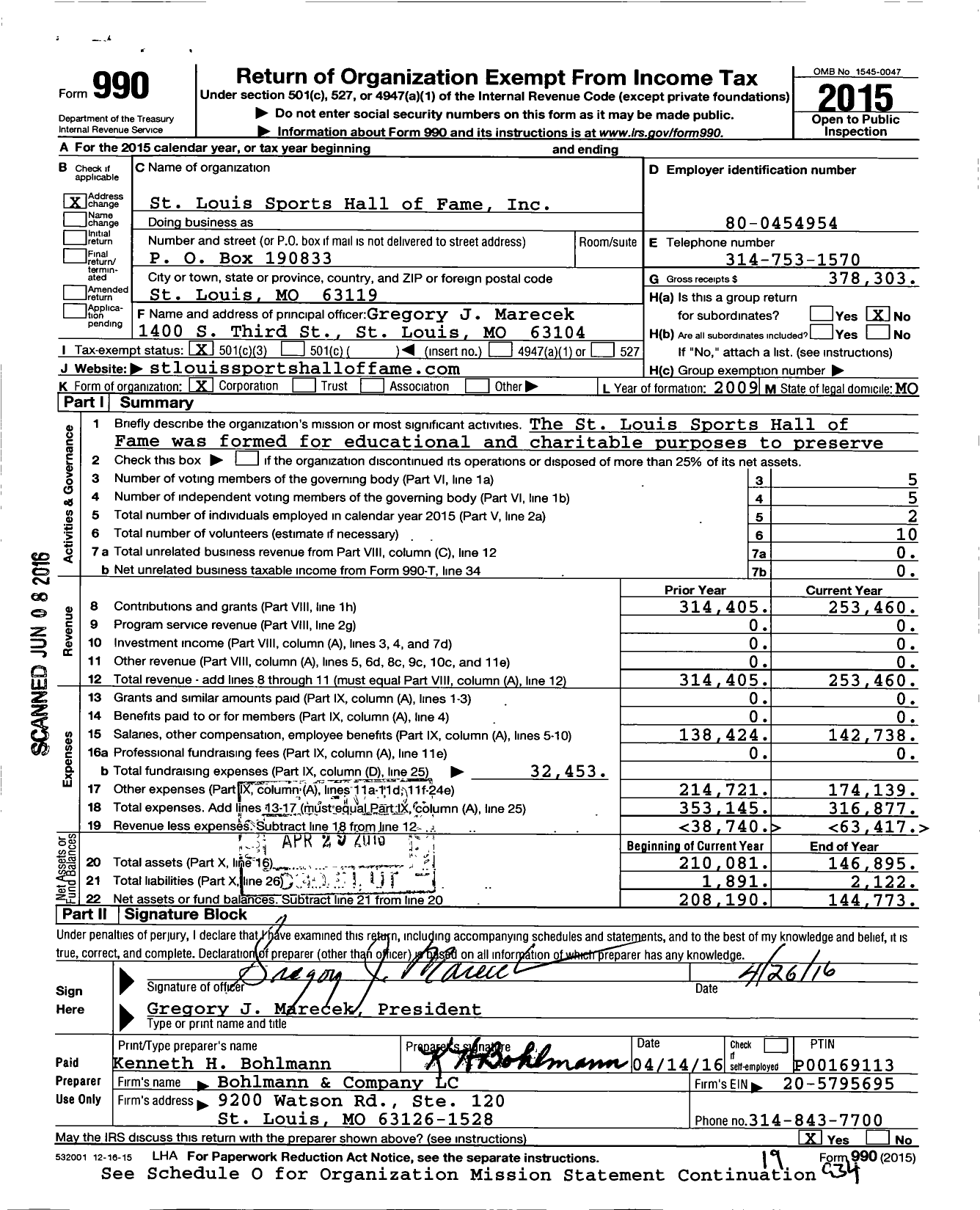 Image of first page of 2015 Form 990 for St Louis Sports Hall of Fame