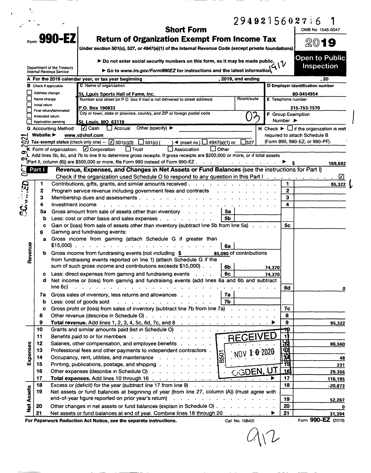 Image of first page of 2019 Form 990EZ for St Louis Sports Hall of Fame