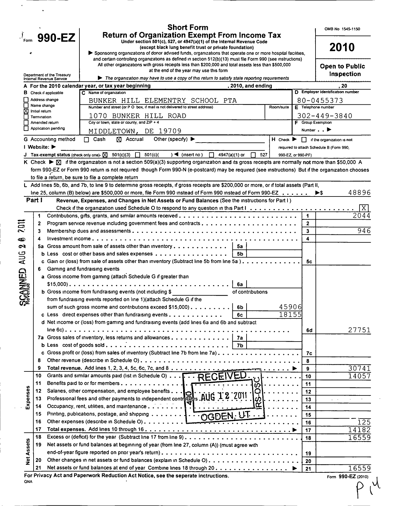 Image of first page of 2010 Form 990EZ for PTA Delaware Congress / Bunker Hill Elementary PTA