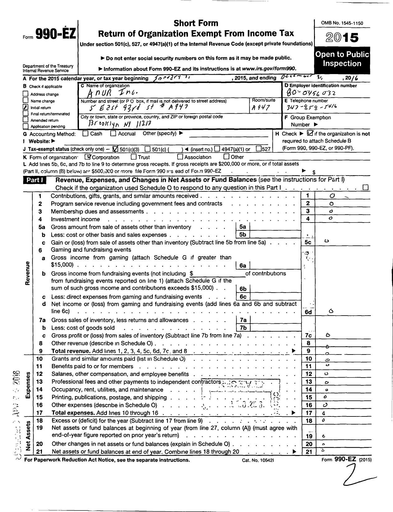 Image of first page of 2016 Form 990EZ for Anur