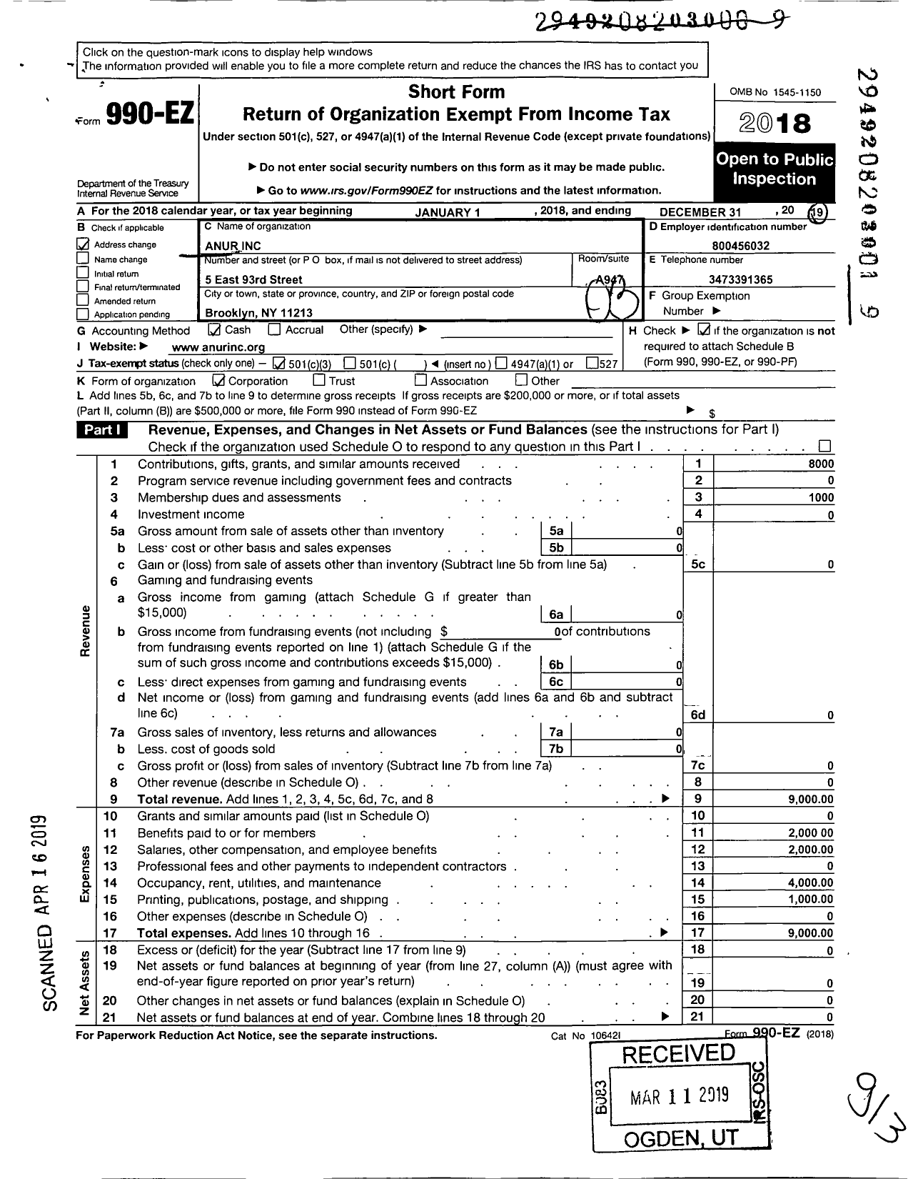 Image of first page of 2018 Form 990EZ for Anur