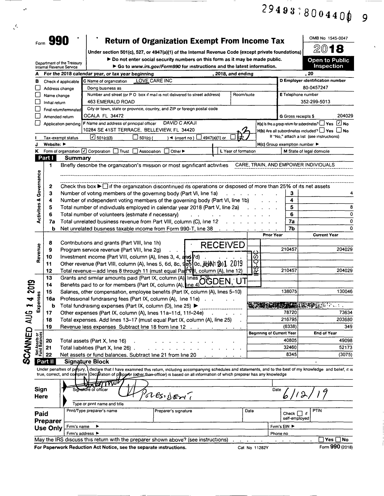 Image of first page of 2018 Form 990 for Love Care