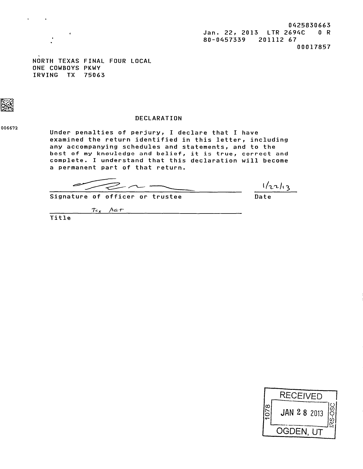 Image of first page of 2011 Form 990R for North Texas Final Four Local Organizing Committee