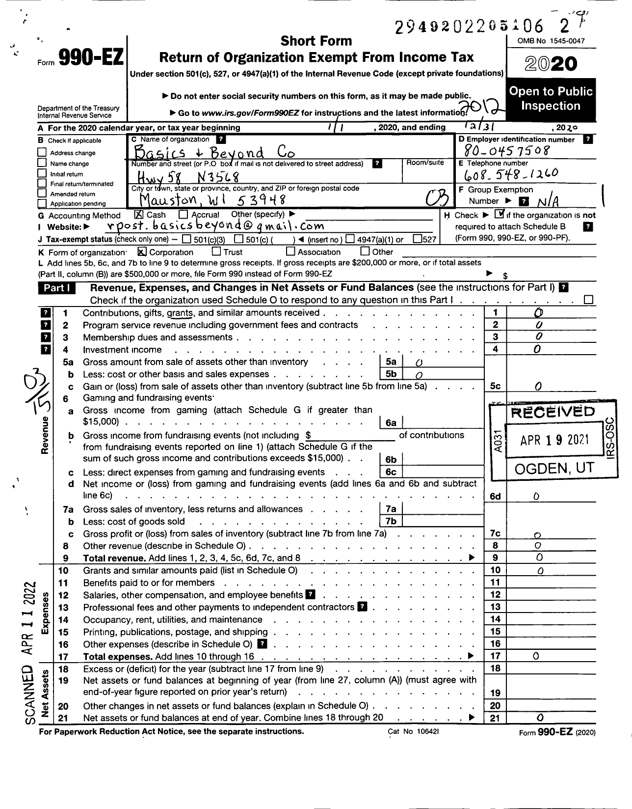 Image of first page of 2020 Form 990EZ for Basics and Beyond LLC