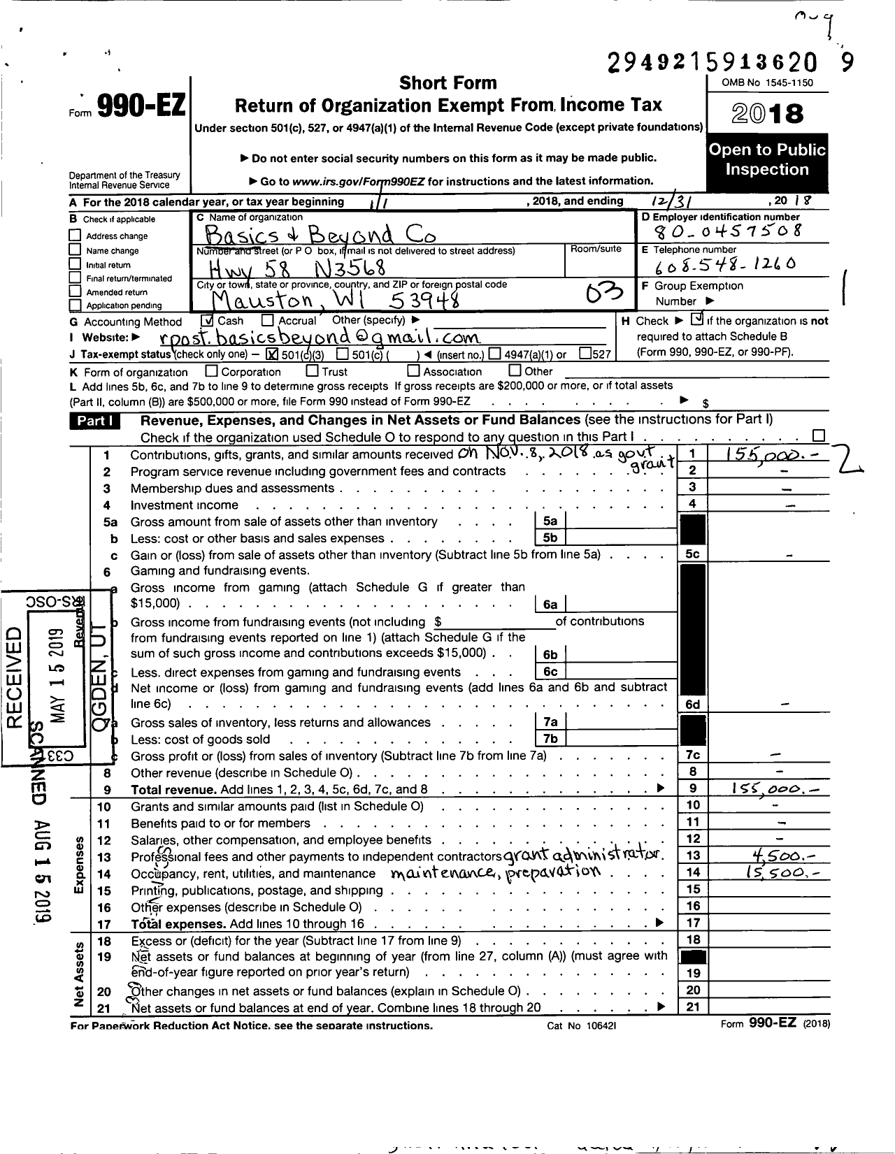 Image of first page of 2018 Form 990EZ for Basics and Beyond LLC