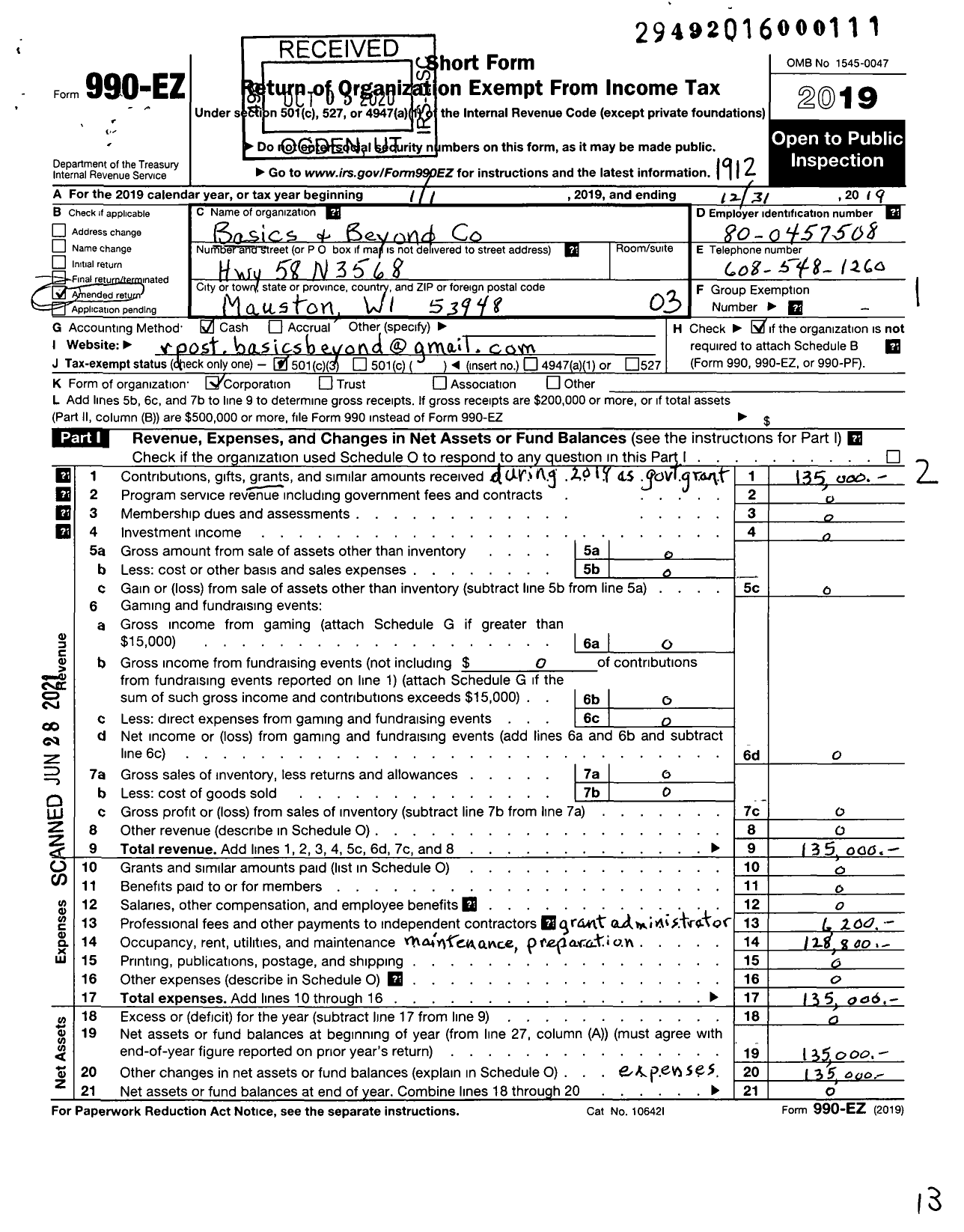 Image of first page of 2019 Form 990EZ for Basics and Beyond LLC