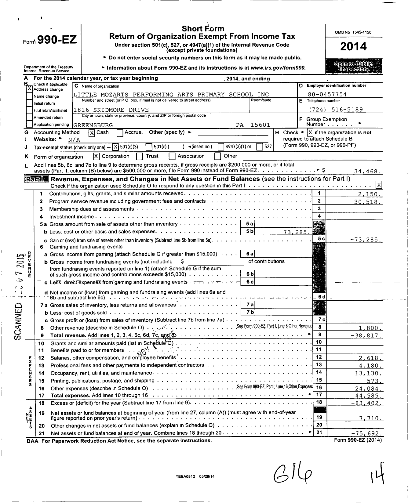 Image of first page of 2014 Form 990EZ for Little Mozarts Performing Arts Primary School