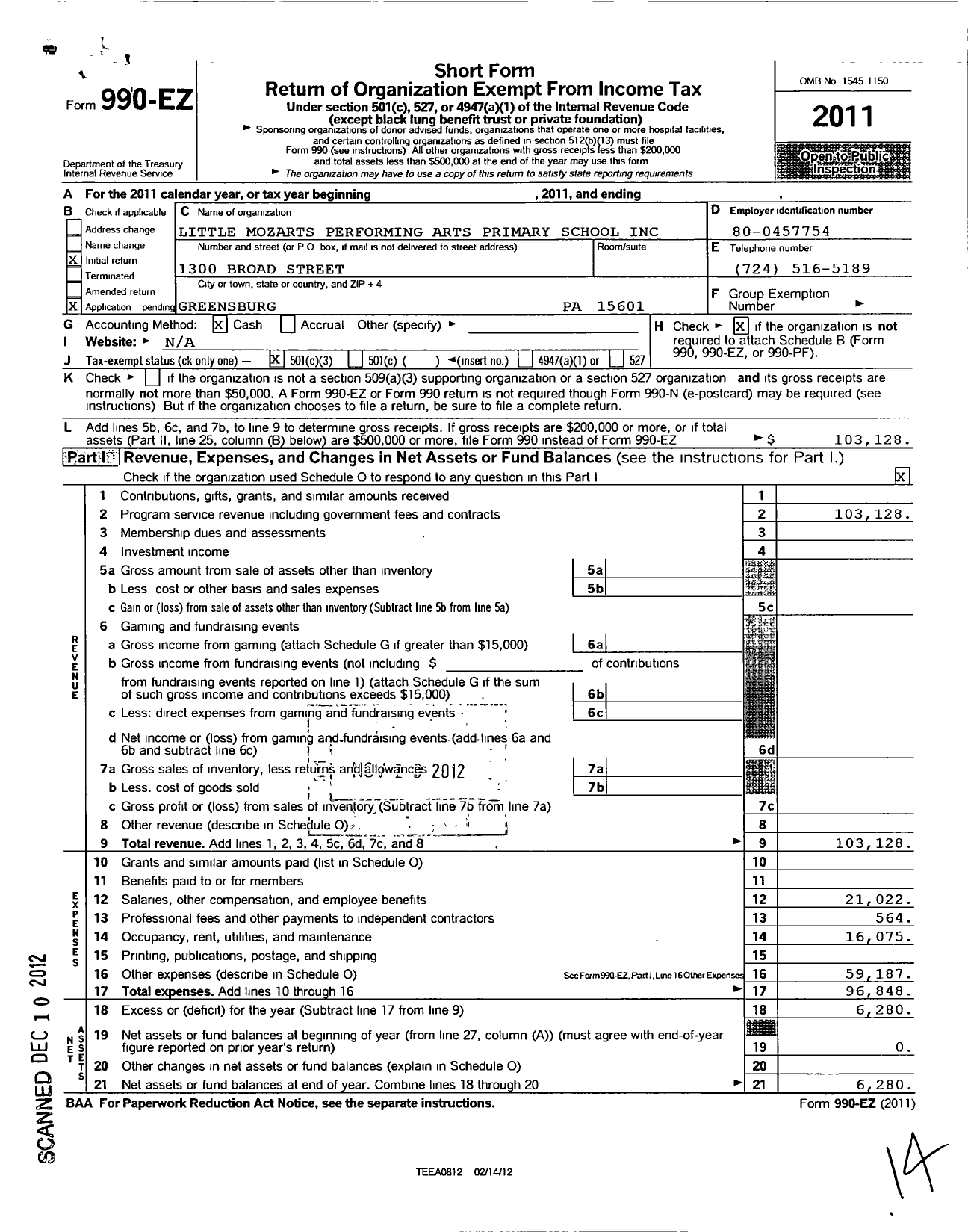 Image of first page of 2011 Form 990EZ for Little Mozarts Performing Arts Primary School