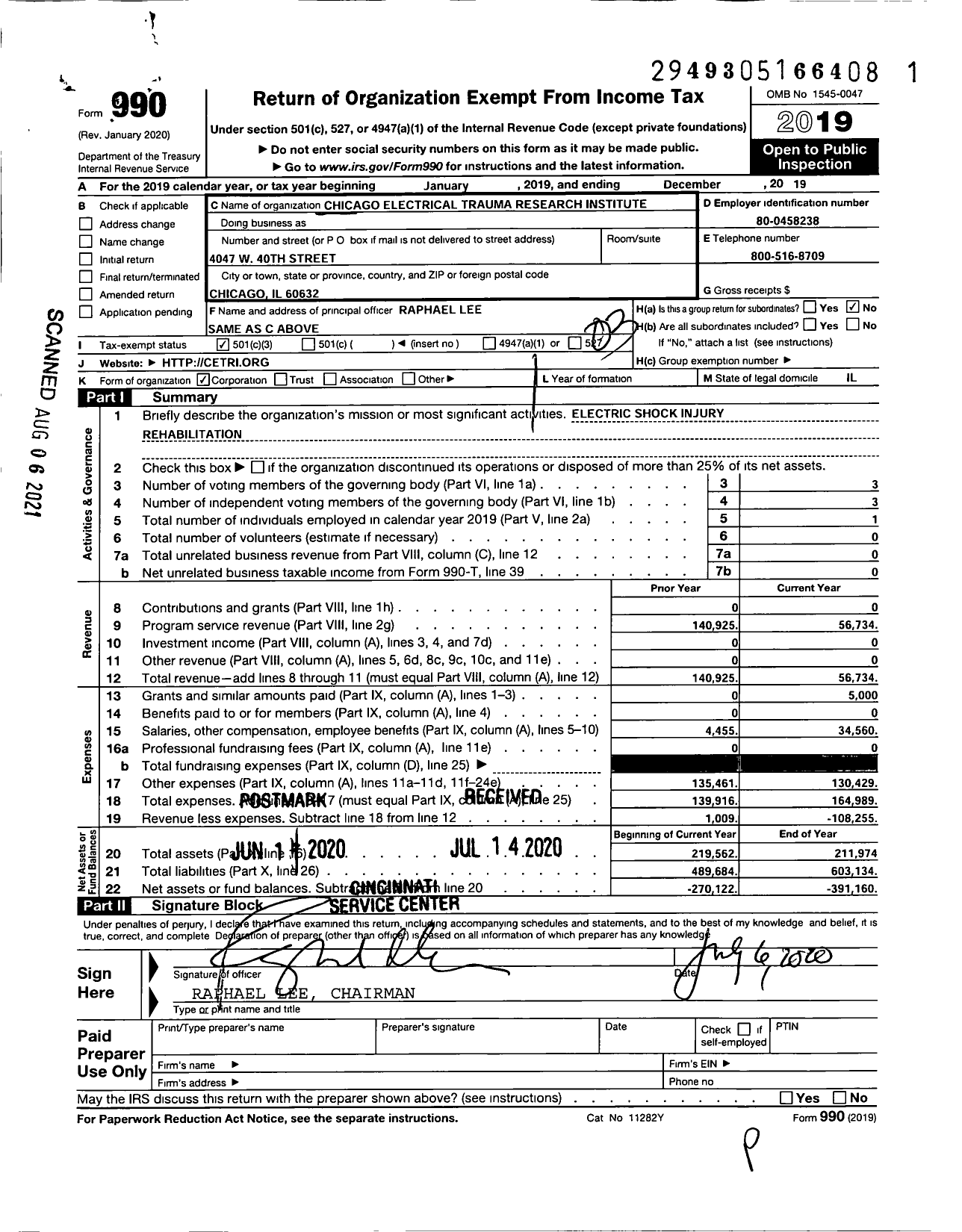 Image of first page of 2019 Form 990 for Chicago Electrical Trauma Research Institute