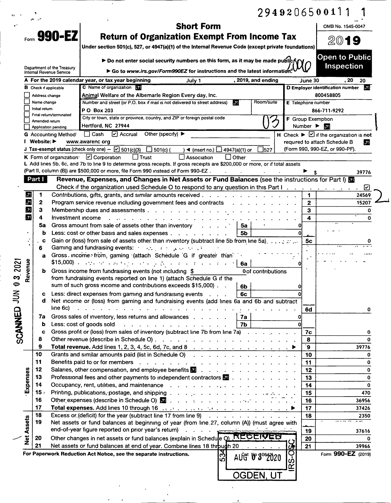 Image of first page of 2019 Form 990EZ for Animal Welfare of the Albemarle Region Everyday Day