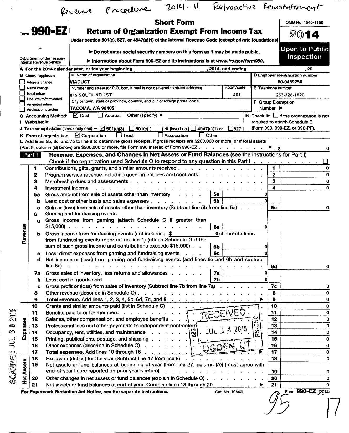 Image of first page of 2014 Form 990EZ for Viaduct