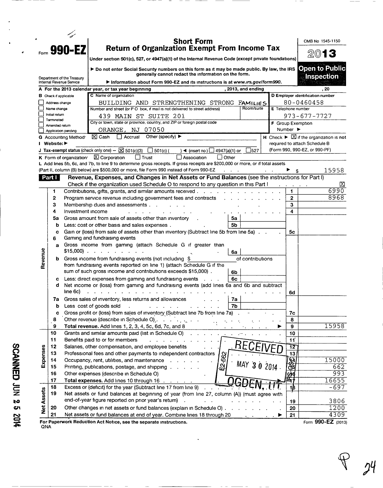 Image of first page of 2013 Form 990EZ for Building and Strengthening Strong Families