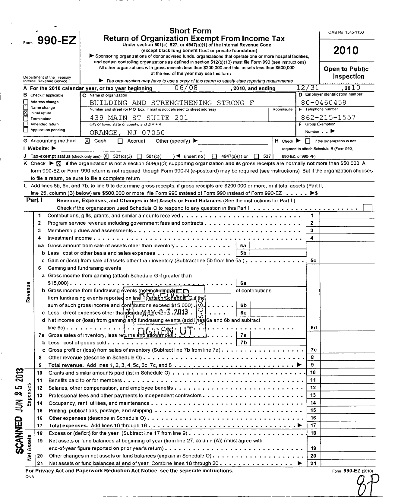 Image of first page of 2010 Form 990EZ for Building and Strengthening Strong Families