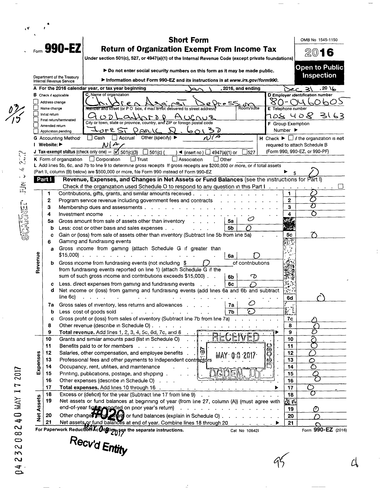 Image of first page of 2016 Form 990EZ for Children Against Depression