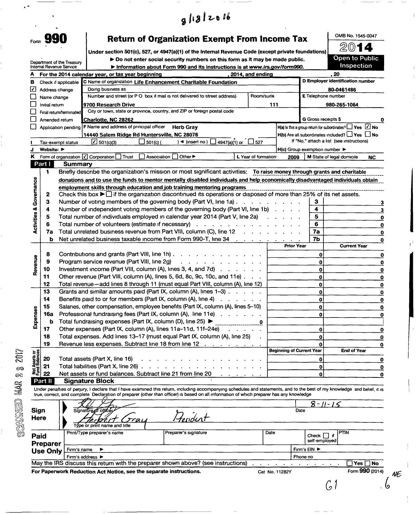 Image of first page of 2014 Form 990 for Life Enhancement Charitable Foundation