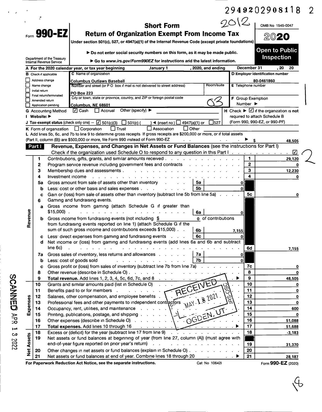 Image of first page of 2020 Form 990EZ for Columbus Outlaws Baseball