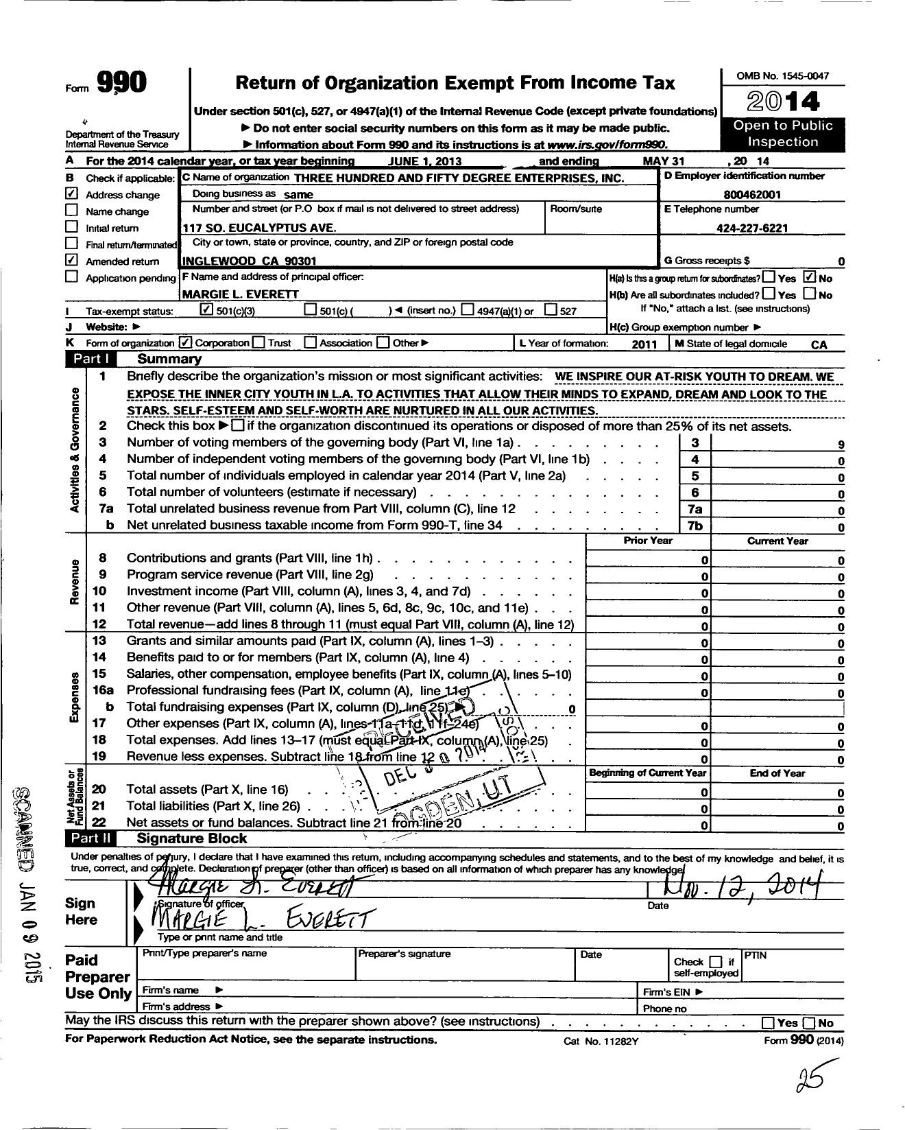 Image of first page of 2013 Form 990 for Three Hundred and Fifty Degree Enterprises