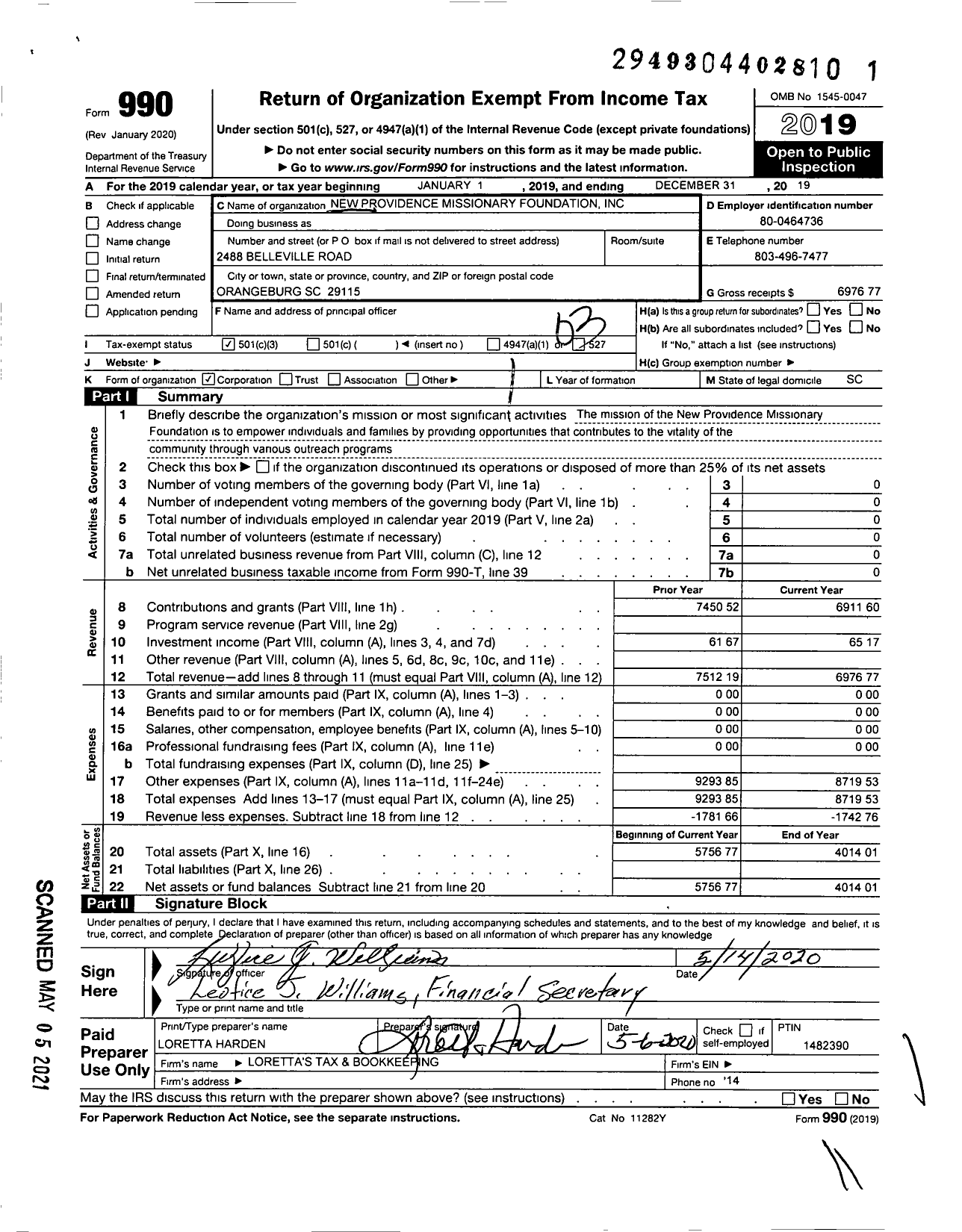 Image of first page of 2019 Form 990 for New Providence Missionary Foundation