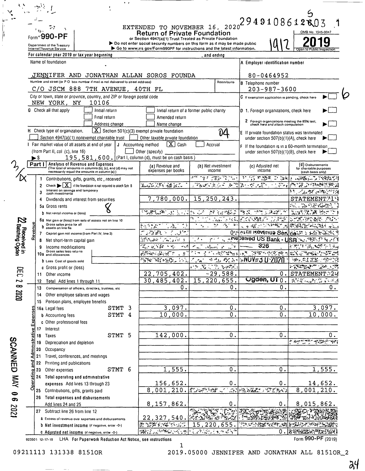 Image of first page of 2019 Form 990PF for Jennifer and Jonathan Allan Soros Foundation