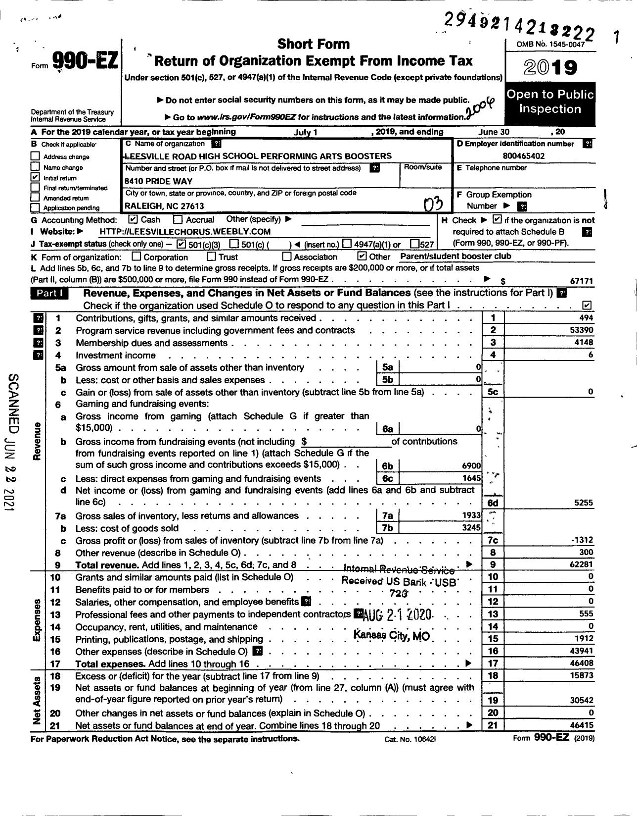 Image of first page of 2019 Form 990EZ for Leesville Road High School Performing Arts Boosters