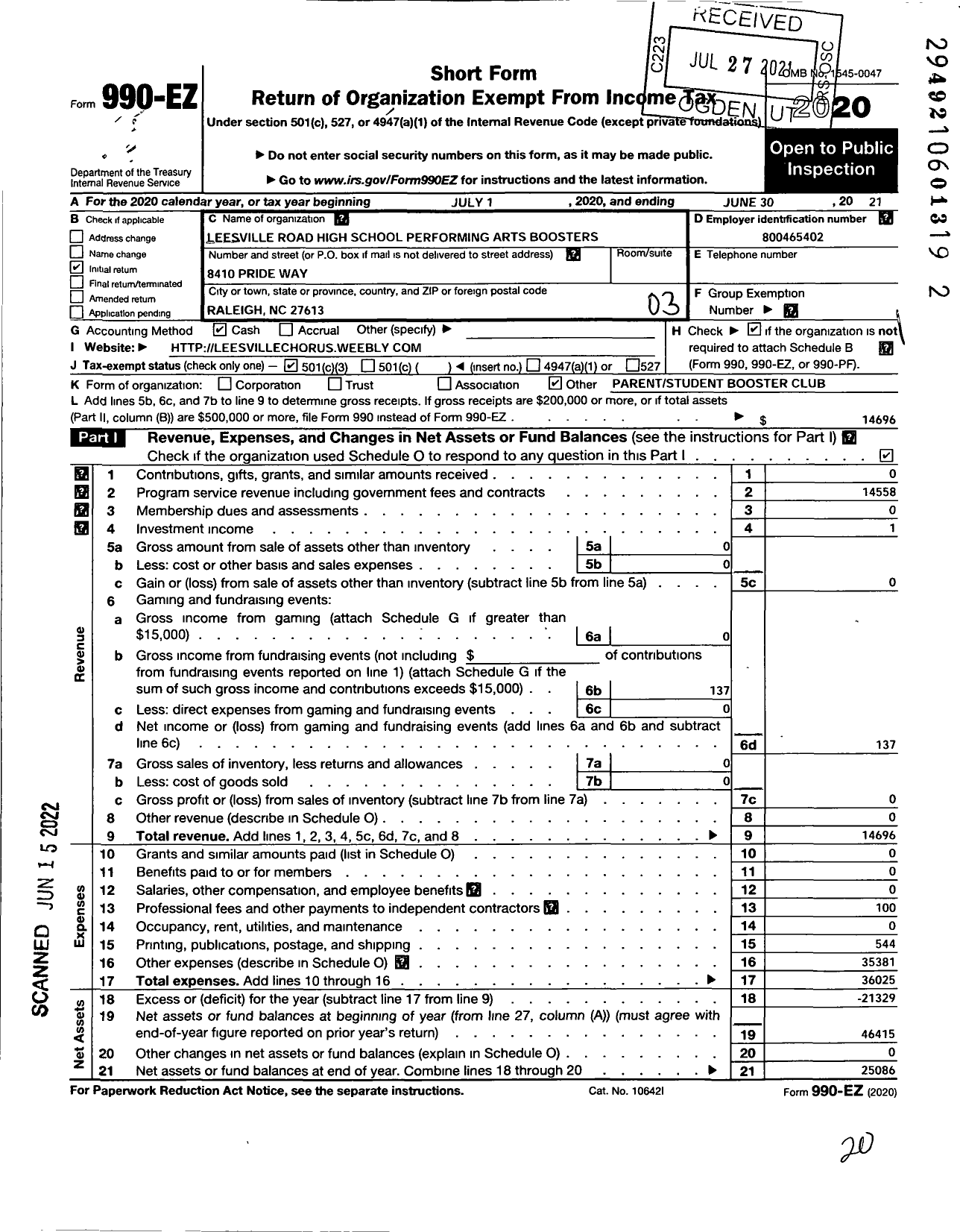 Image of first page of 2020 Form 990EZ for Leesville Road High School Performing Arts Boosters