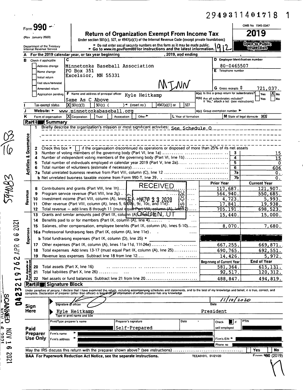 Image of first page of 2019 Form 990 for Minnetonka Baseball Association