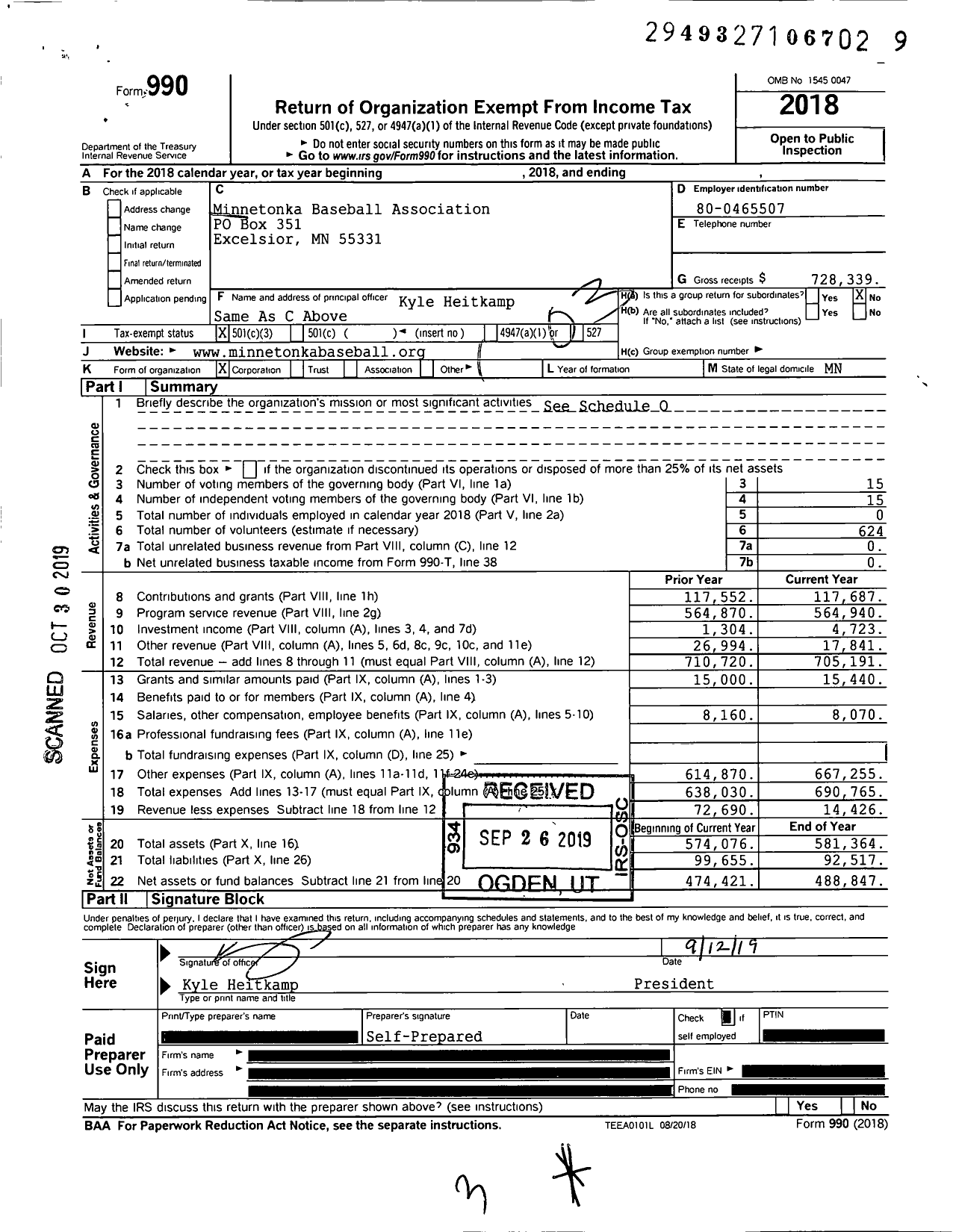 Image of first page of 2018 Form 990 for Minnetonka Baseball Association