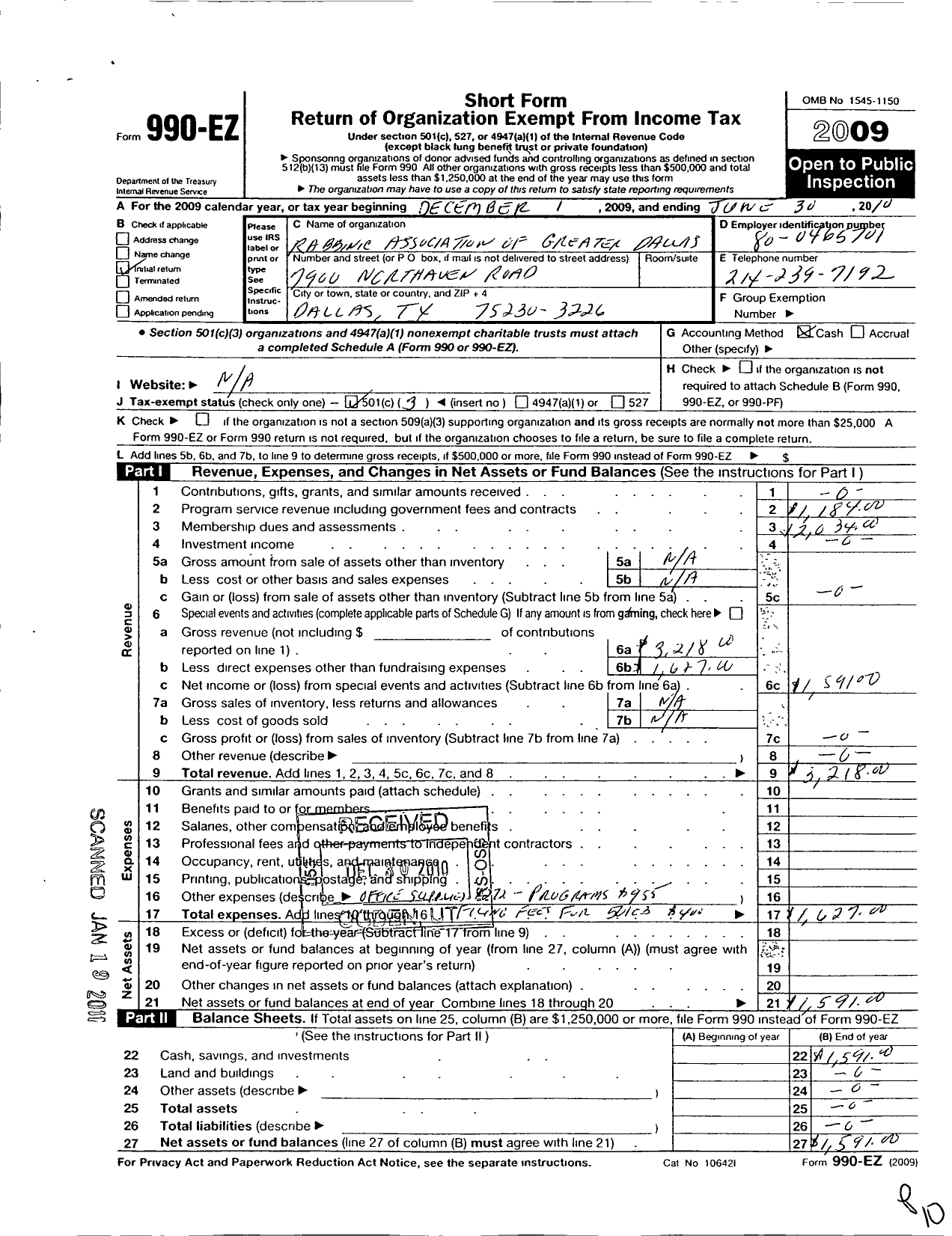 Image of first page of 2009 Form 990EZ for Rabbinic Association of Greater Dallas