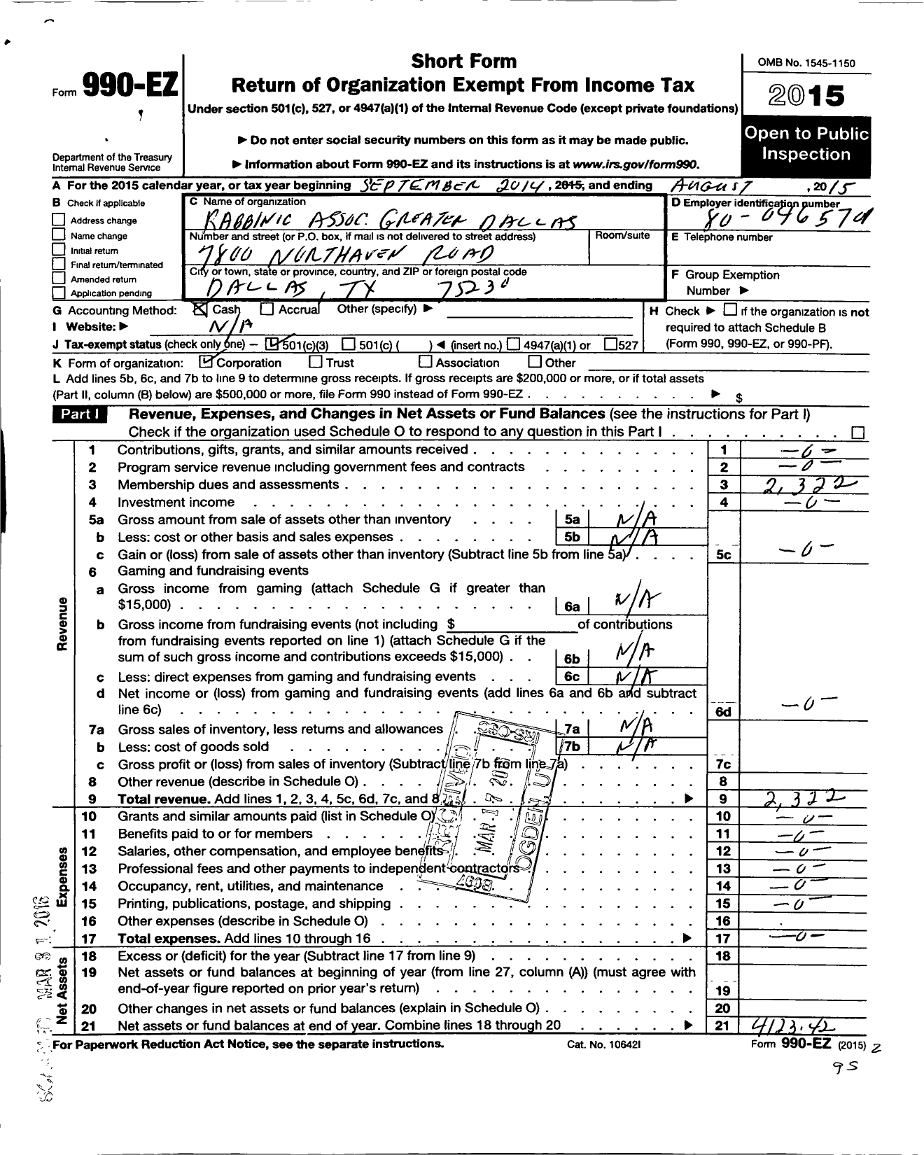 Image of first page of 2014 Form 990EZ for Rabbinic Association of Greater Dallas