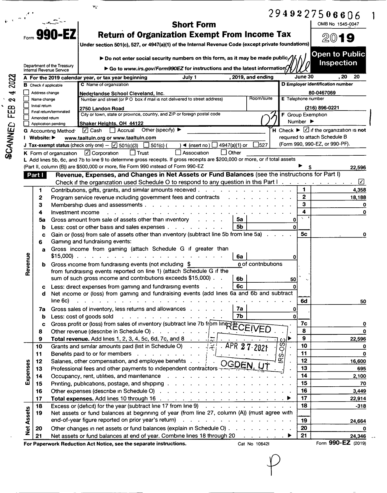 Image of first page of 2019 Form 990EZ for Nederlandse School Cleveland