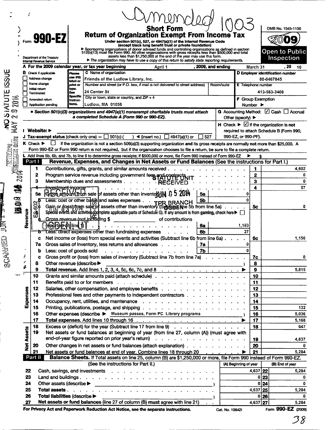 Image of first page of 2009 Form 990EO for Friends of the Ludlow Public Library