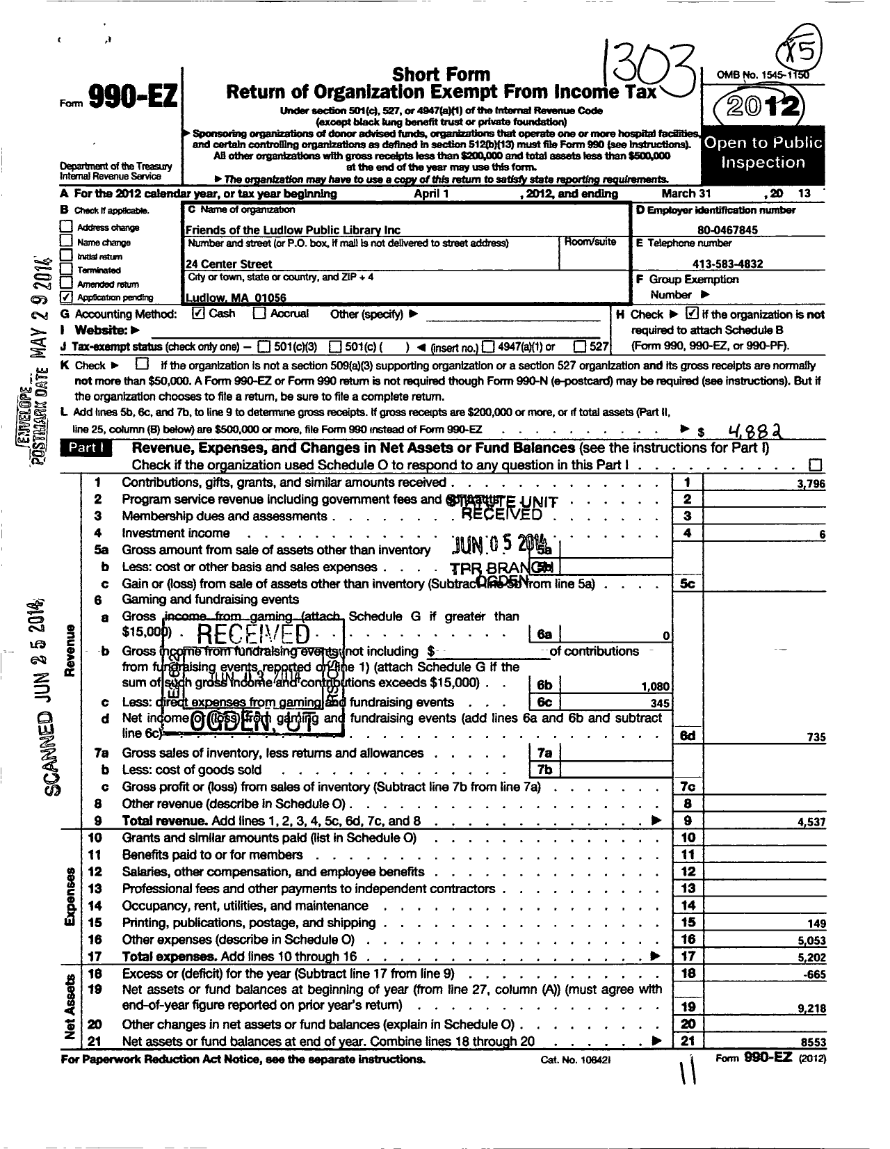 Image of first page of 2012 Form 990EO for Friends of the Ludlow Public Library