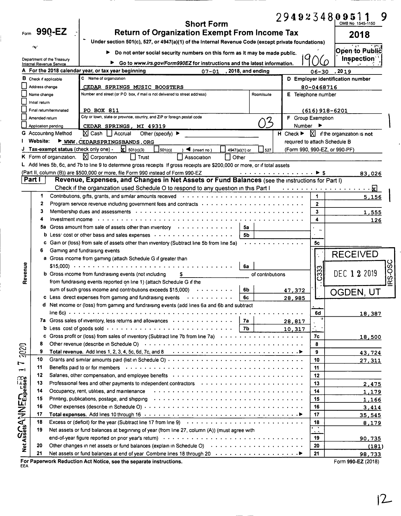 Image of first page of 2018 Form 990EZ for Cedar Springs Music Boosters