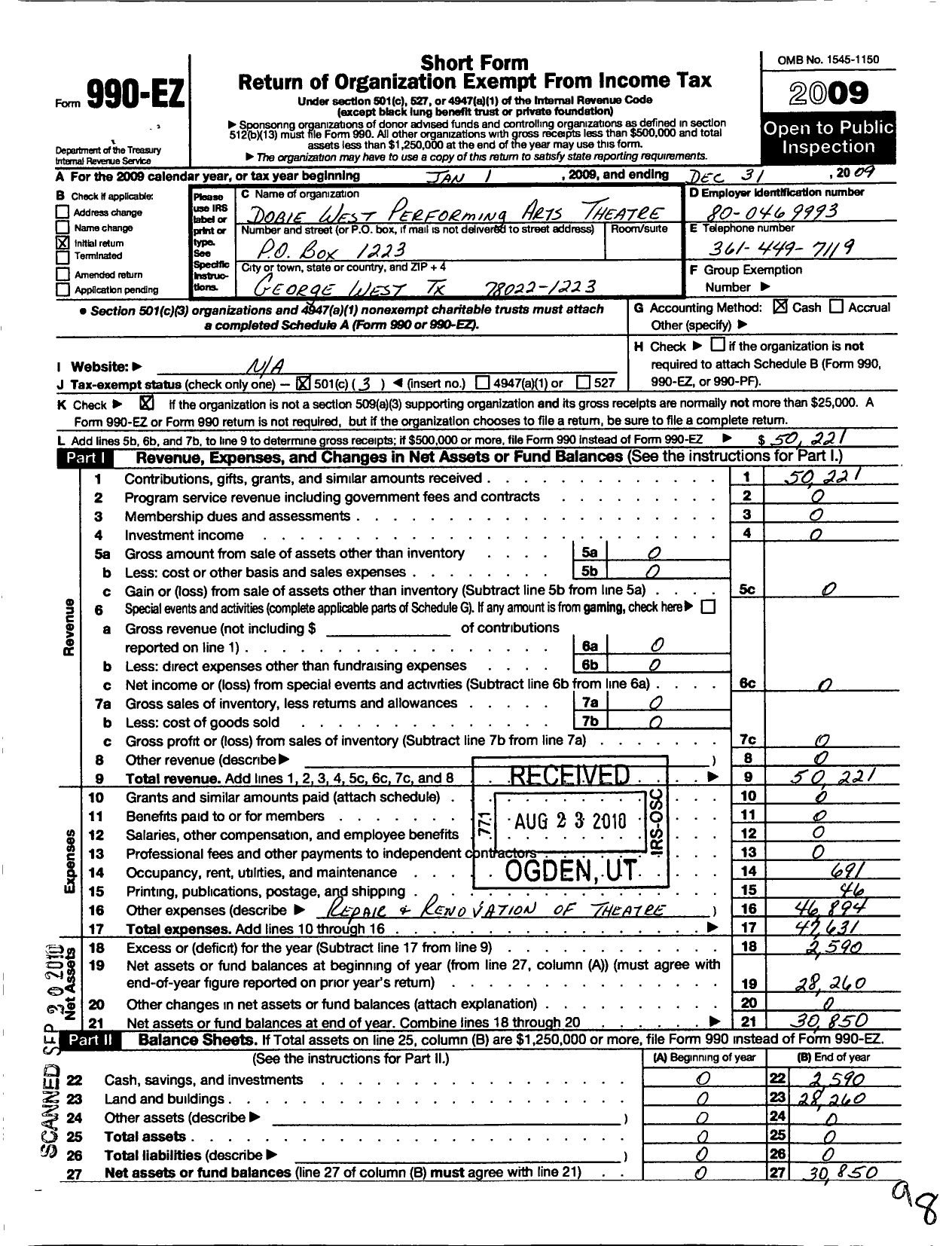 Image of first page of 2009 Form 990EZ for Dobie West Performing Arts Theatre