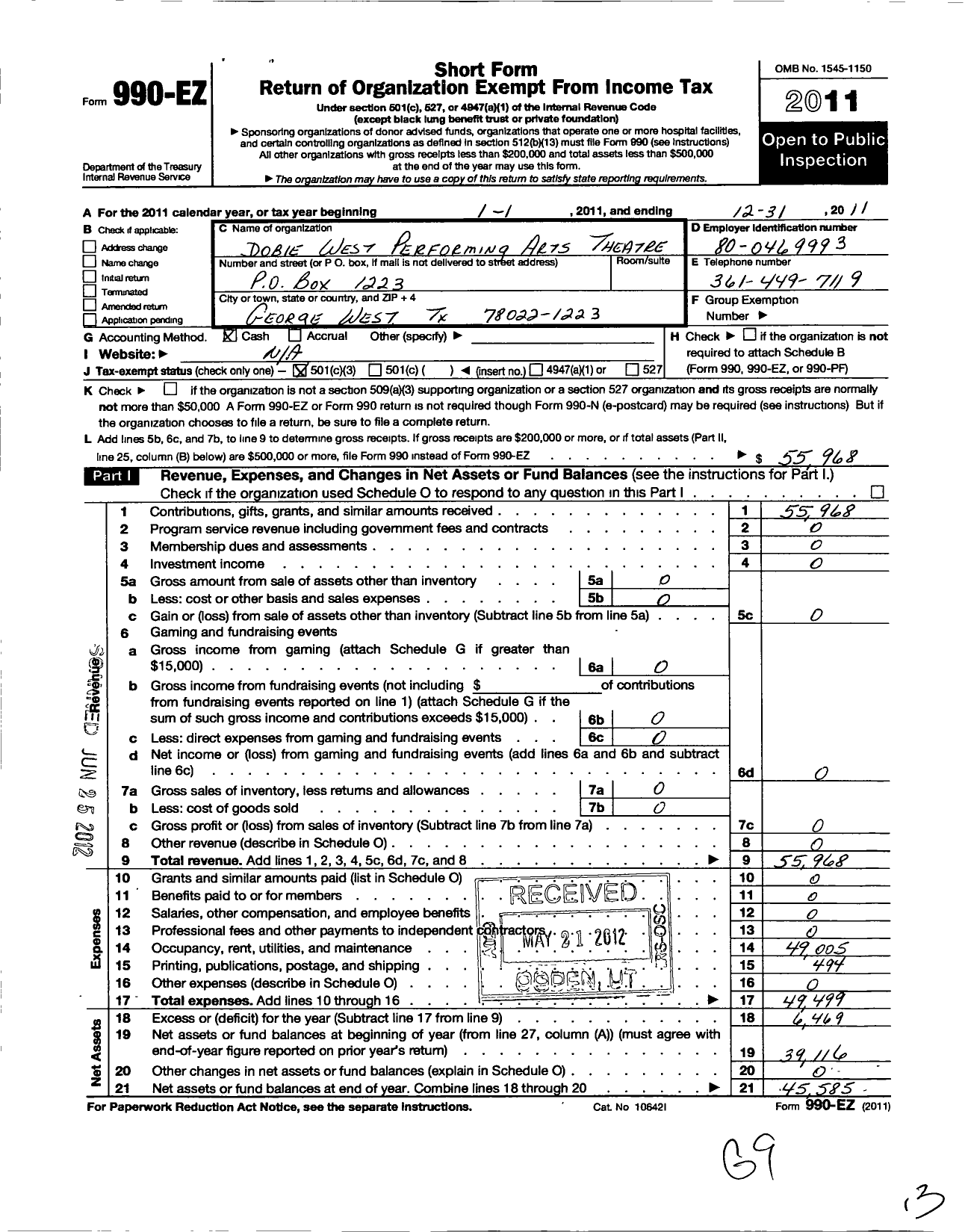 Image of first page of 2011 Form 990EZ for Dobie West Performing Arts Theatre