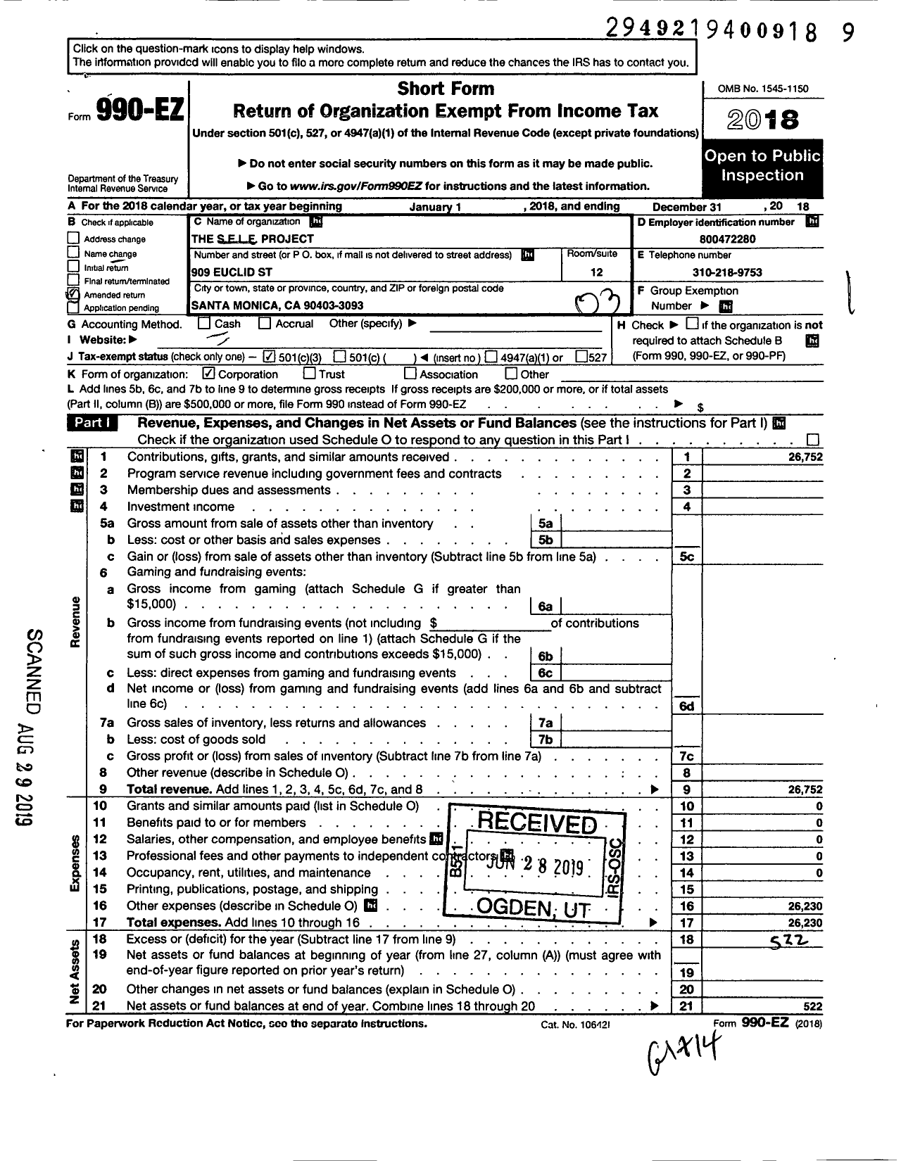 Image of first page of 2018 Form 990EZ for S E L F Project