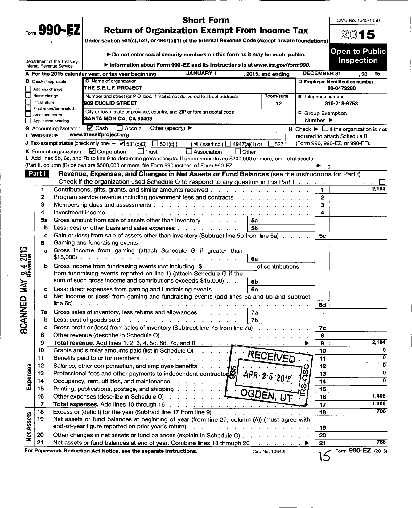 Image of first page of 2015 Form 990EZ for S E L F Project