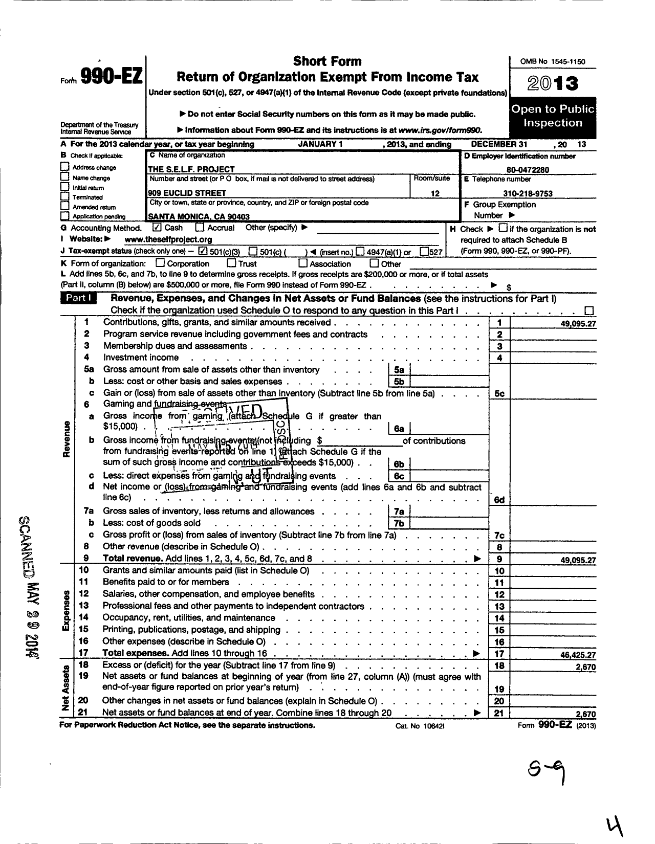 Image of first page of 2013 Form 990EZ for S E L F Project