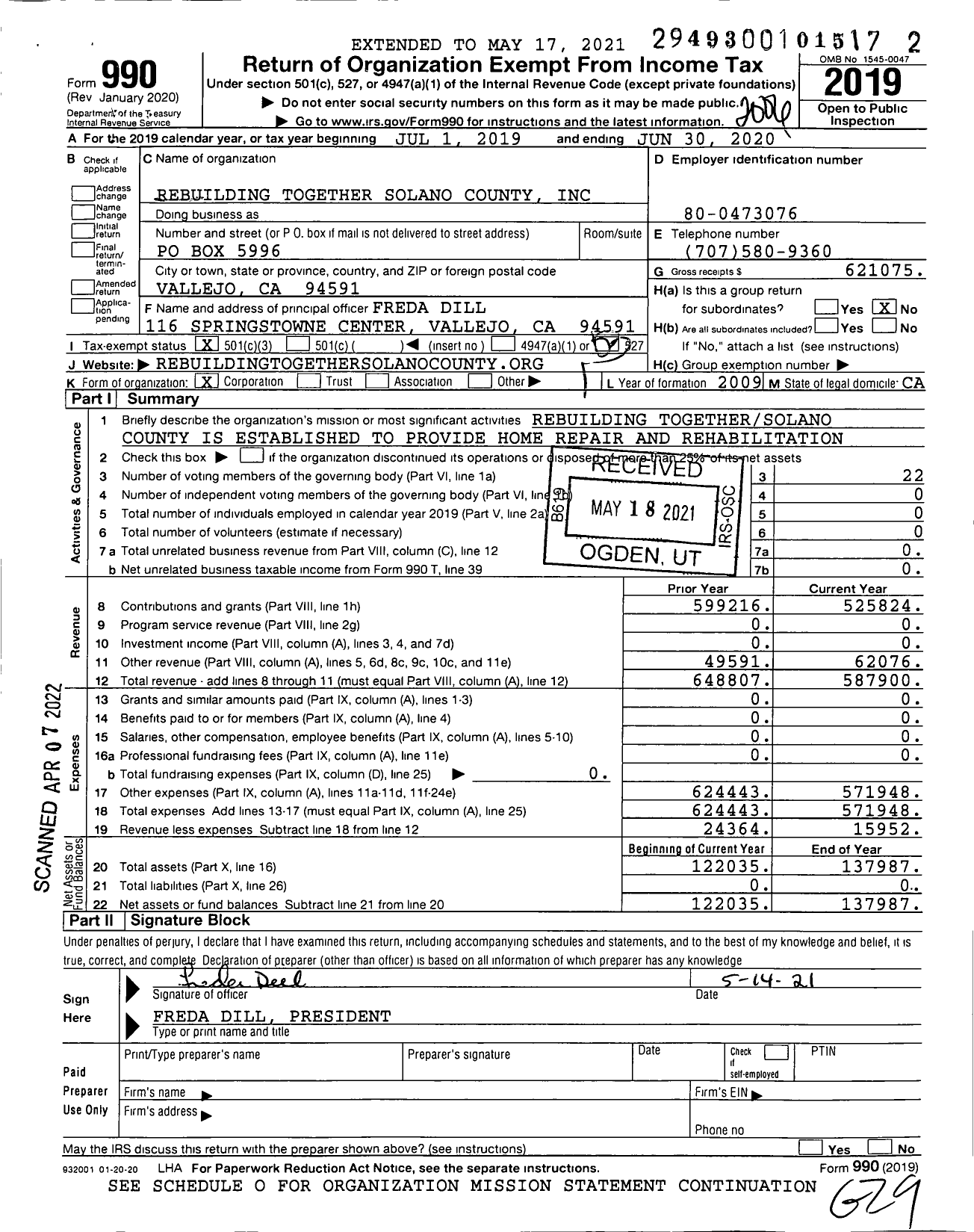 Image of first page of 2019 Form 990 for Rebuilding Together Solano County