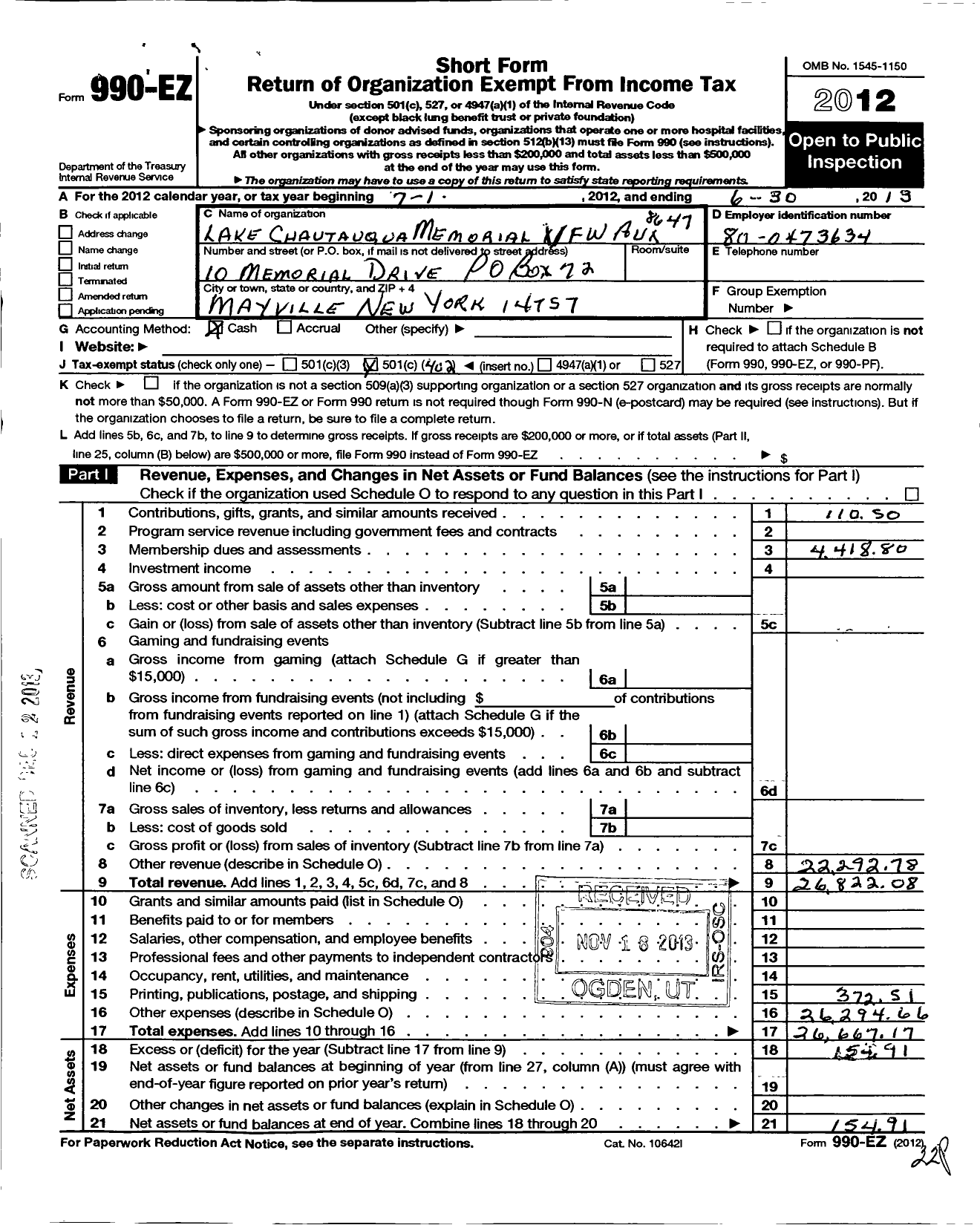 Image of first page of 2012 Form 990EO for Department of New York VFW Auxiliary - Lake Chautuaqua Memorial Post 8647