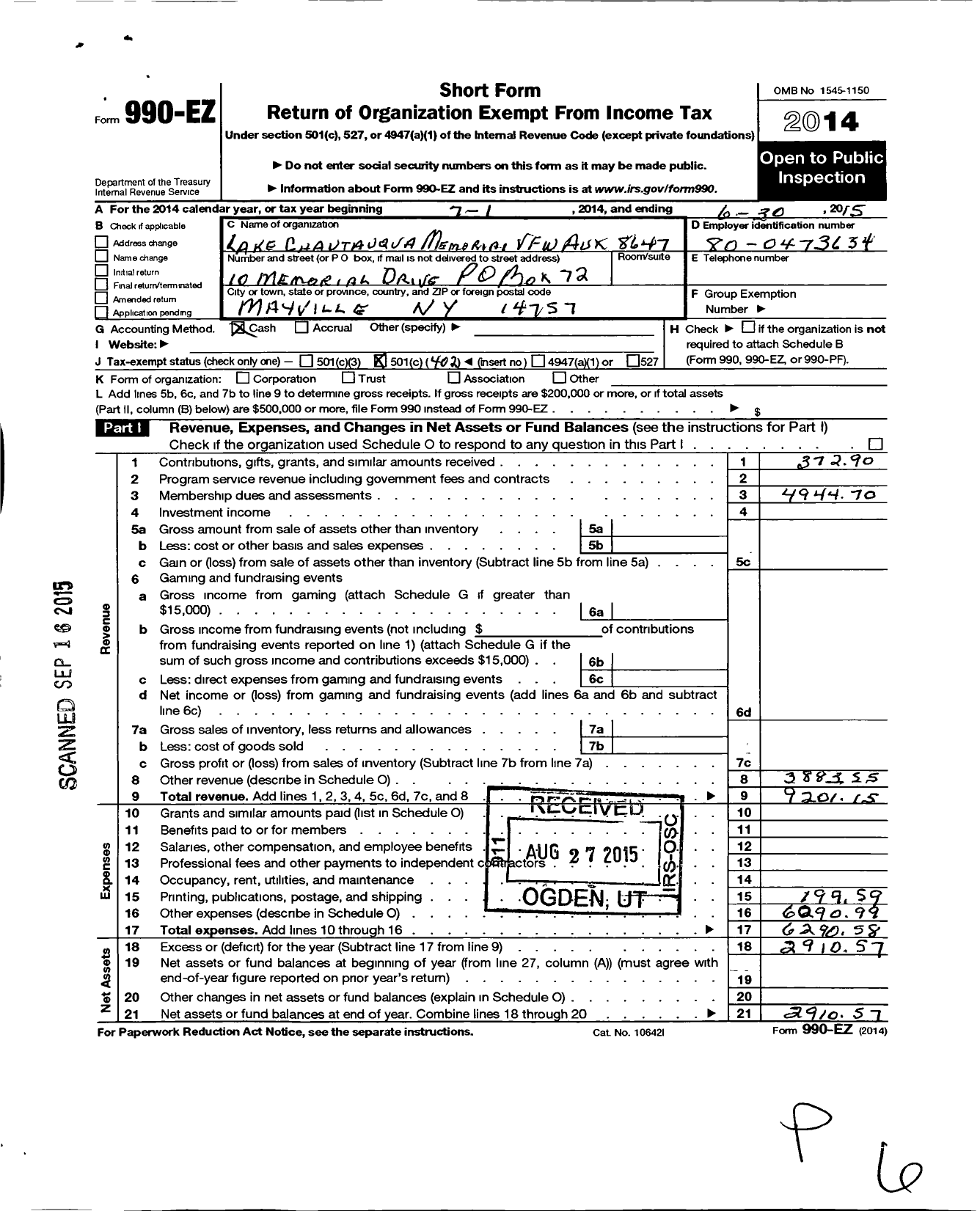 Image of first page of 2014 Form 990EO for Department of New York VFW Auxiliary - Lake Chautuaqua Memorial Post 8647