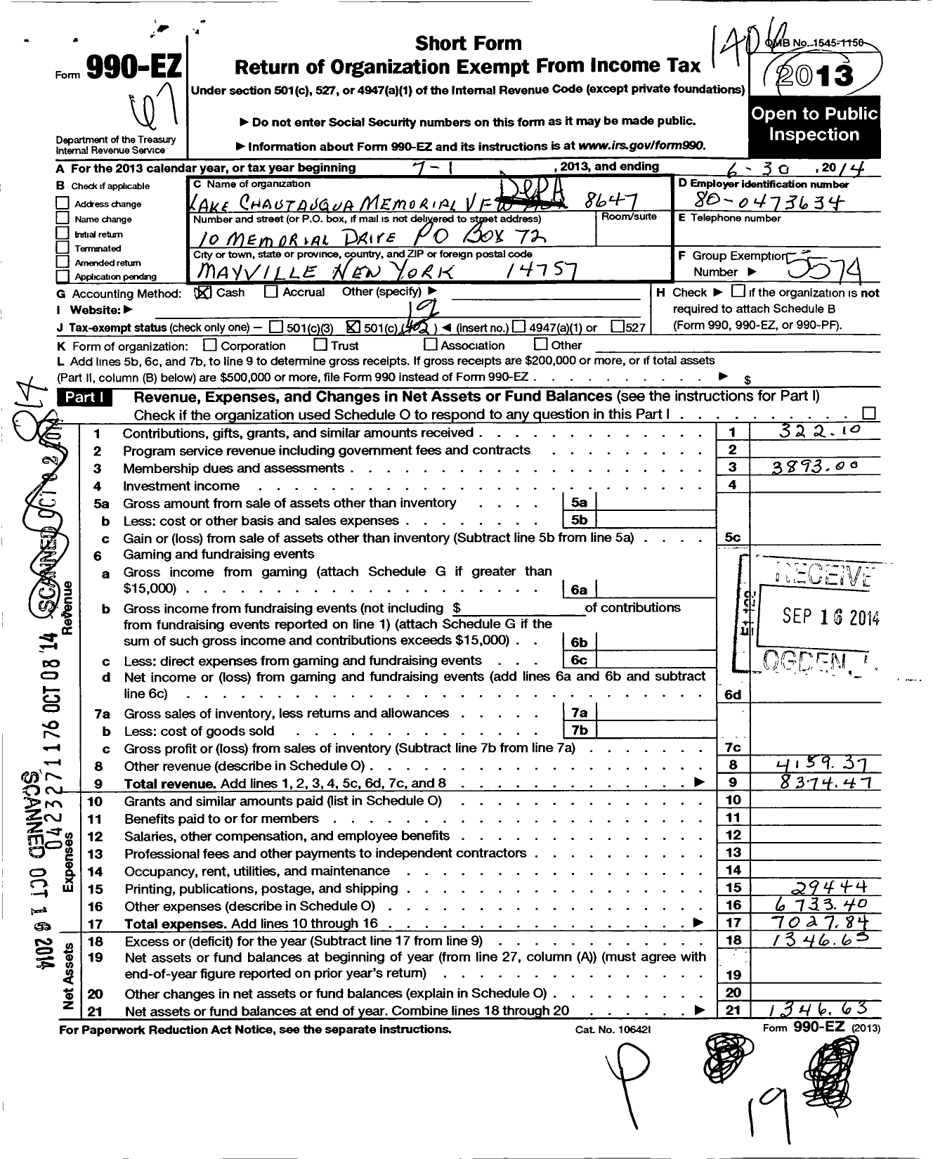 Image of first page of 2013 Form 990EO for Department of New York VFW Auxiliary - Lake Chautuaqua Memorial Post 8647